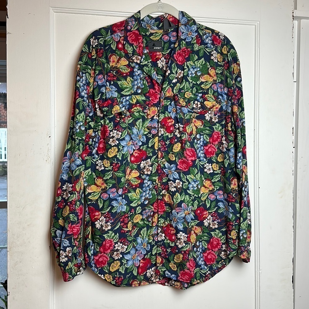 Vintage Liz Wear Fruit Floral Shirt Women’s S Rayon Button Down 90s Cottagecore - Picture 2 of 10